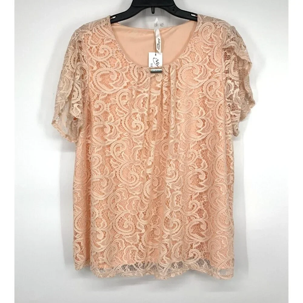 NY Collection Top Pink Lace Floral Short Sleeve Blouse NWT